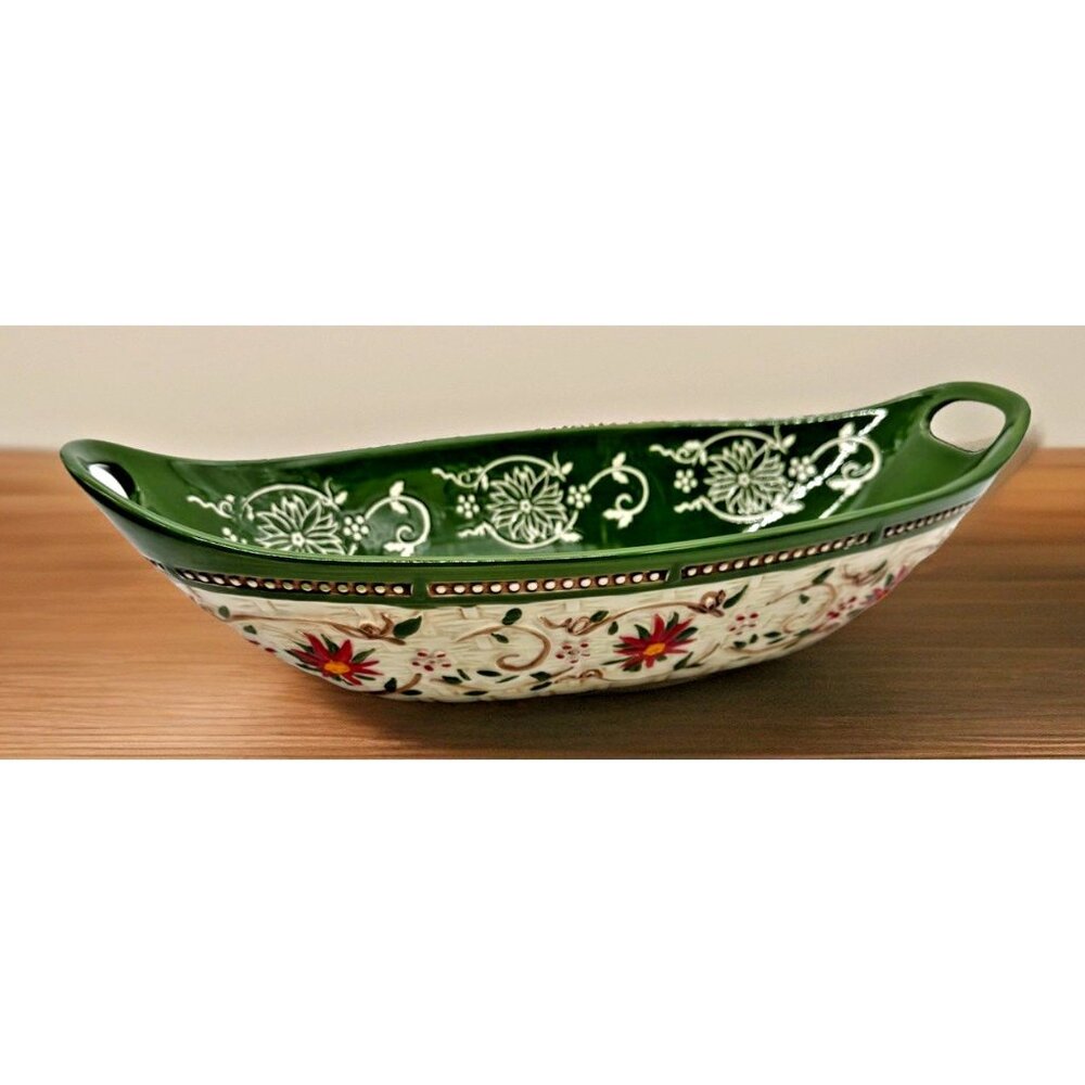 Temptations Old World Poinsettia Large 15" Oval Serving Baking Dish Handled Xmas